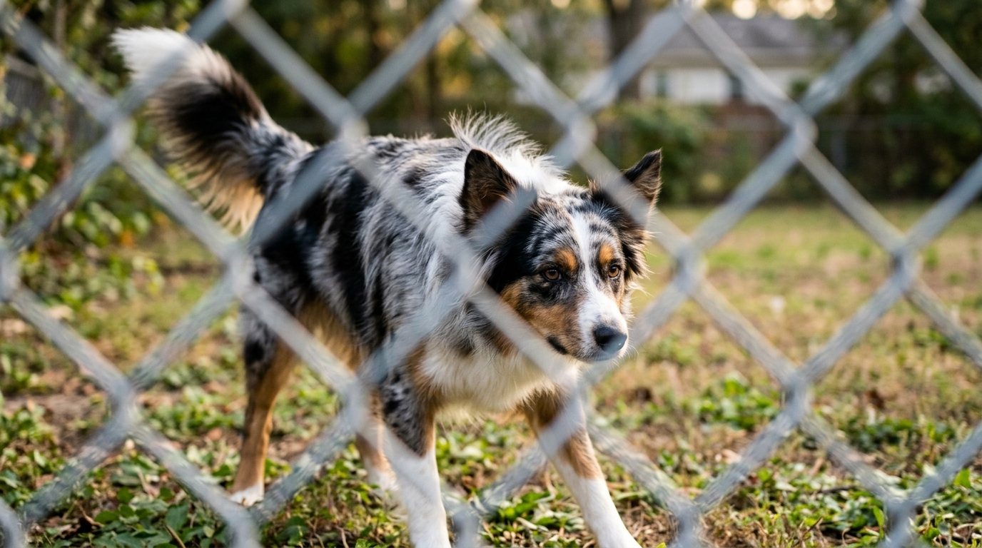 A merle-coated dog standing tense and alert just behind a chain link fence, staring intently at something out of frame