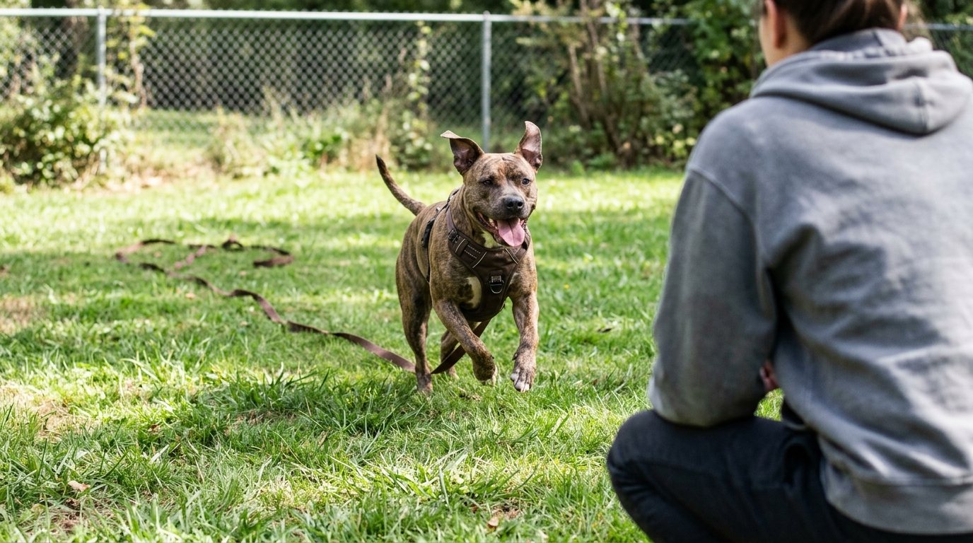 A brindle dog running happily across a lawn toward a person seen from behind, with a long line trailing behind it
