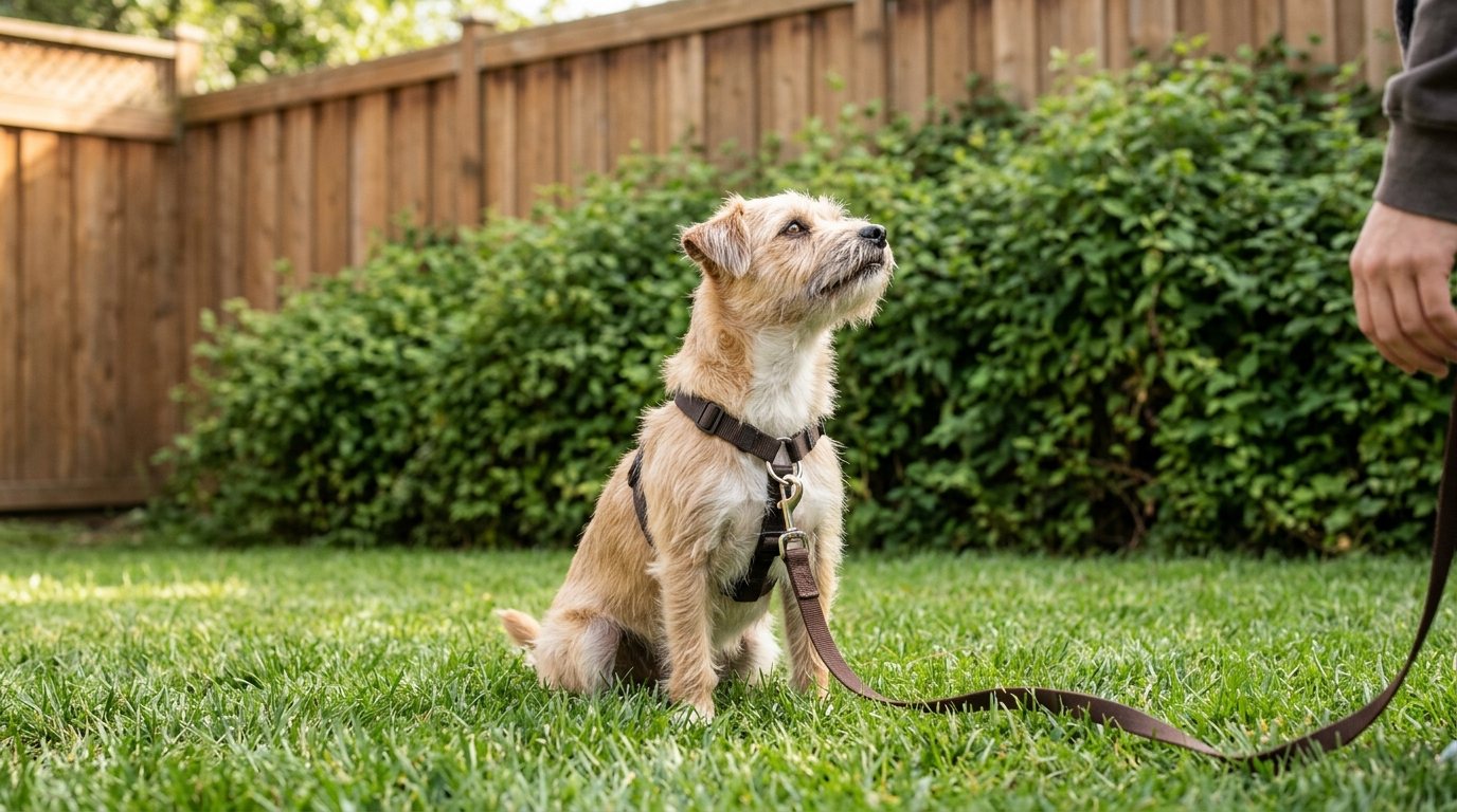 A small tan terrier in a harness sitting on a lawn in front of a tall wooden fence and a hedge, looking up at a person's hand