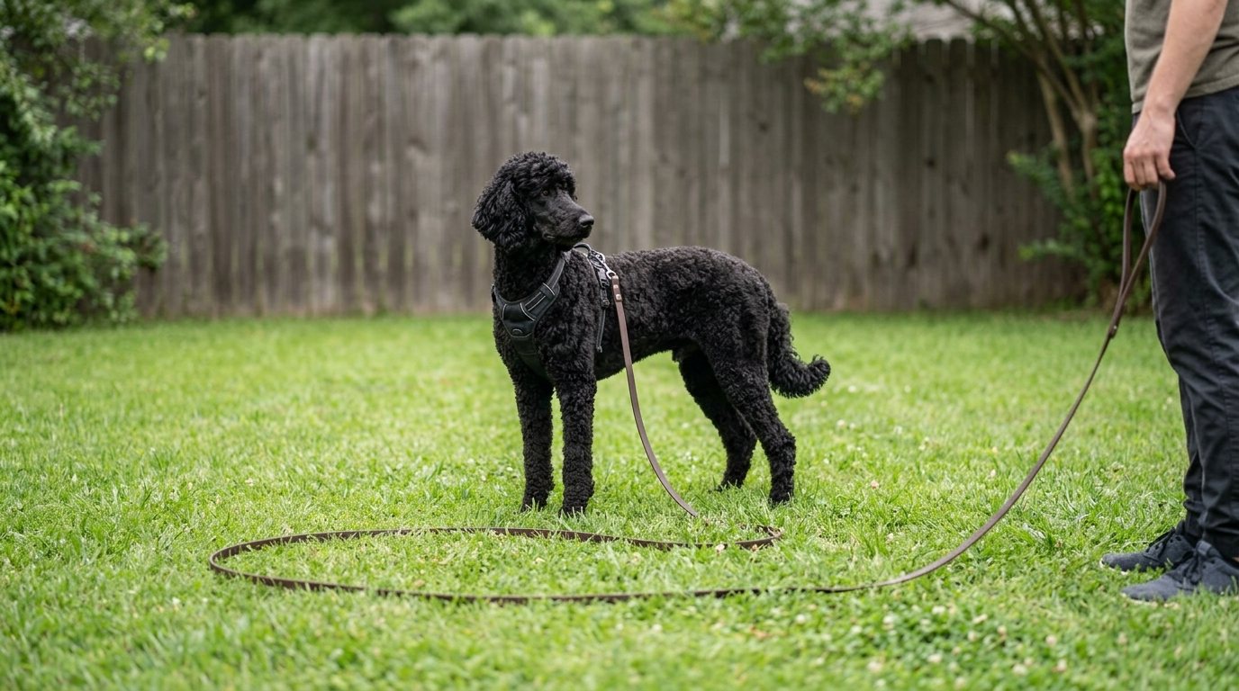 A black poodle in a harness standing on a lawn on a long brown line held by a person shown only from the waist down