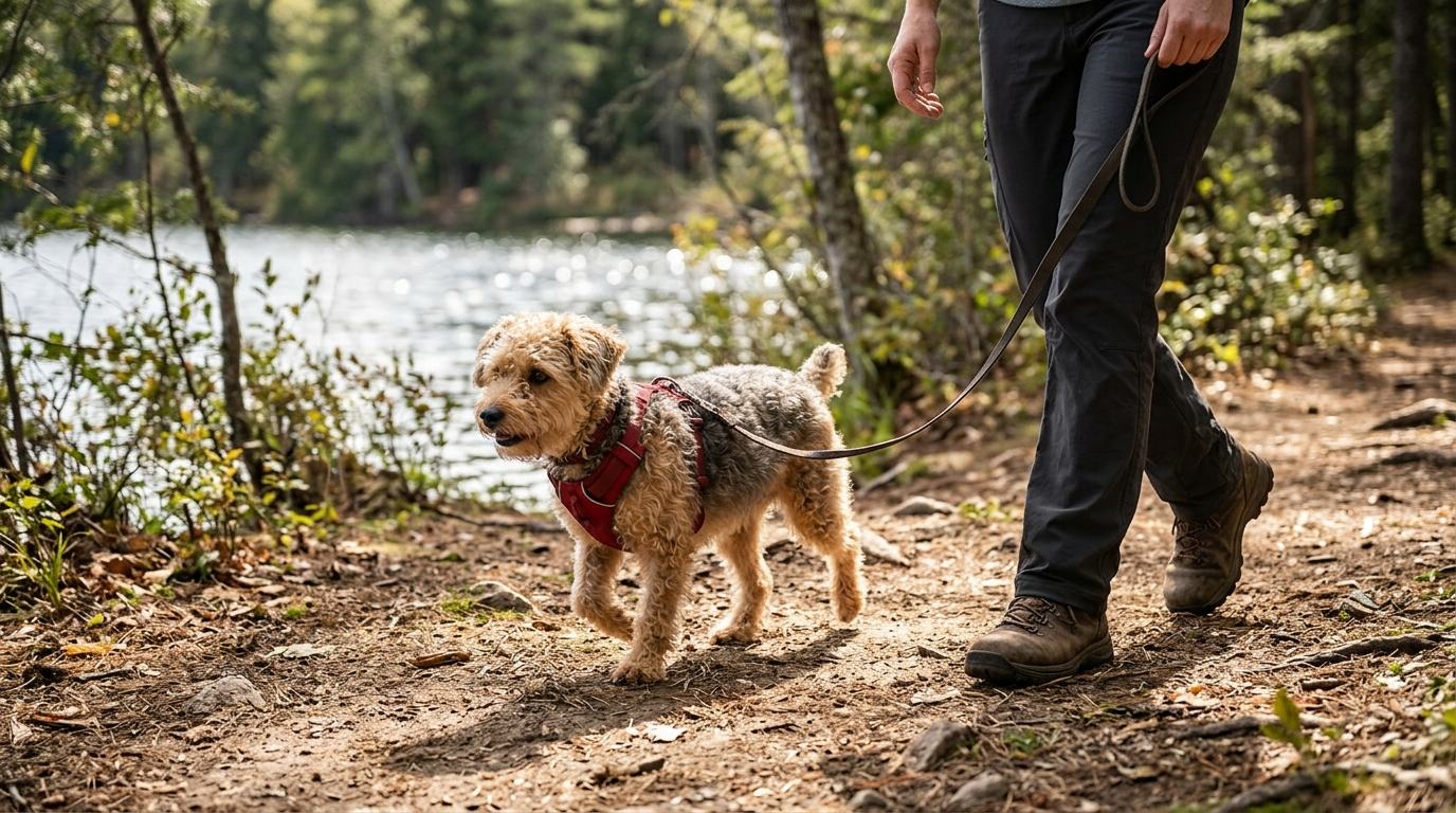 A small curly-haired dog in a red harness walking on a lakeside trail on a loose leash held by a person, shown from the chest down