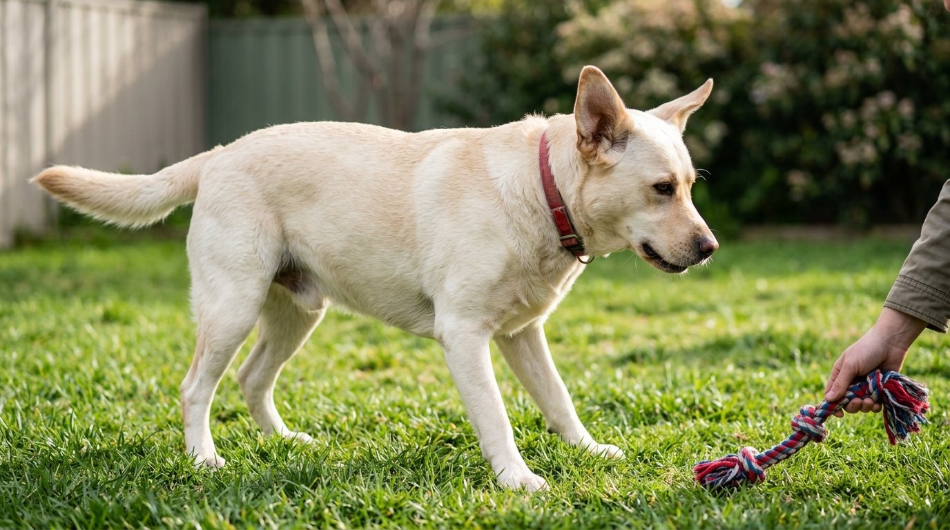 A cream-colored dog standing on a lawn with all four paws on the ground, looking at a rope toy held low by a hand at the edge of the frame