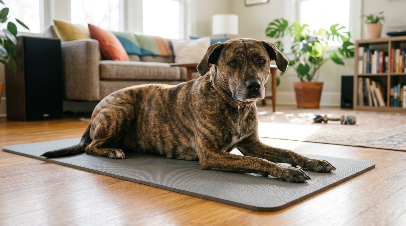 A brindle dog lying calmly on a gray training mat in a living room