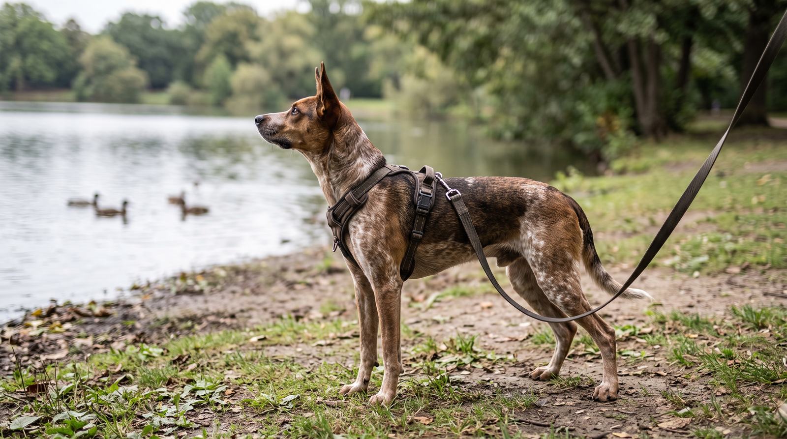 A brindle dog in a harness standing alert by a lake, watching ducks on a loose leash