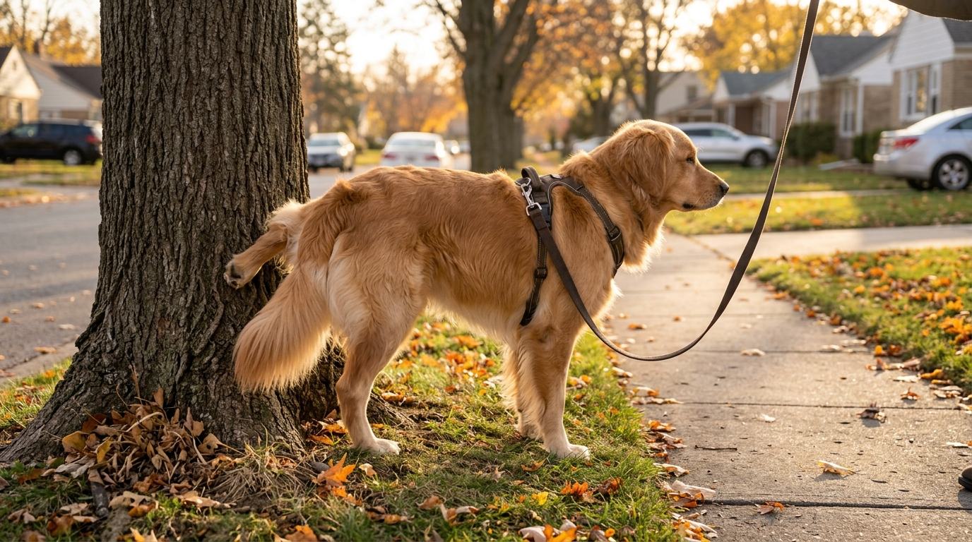 A golden retriever in a harness on a leash lifting a hind leg against a tree beside a sidewalk