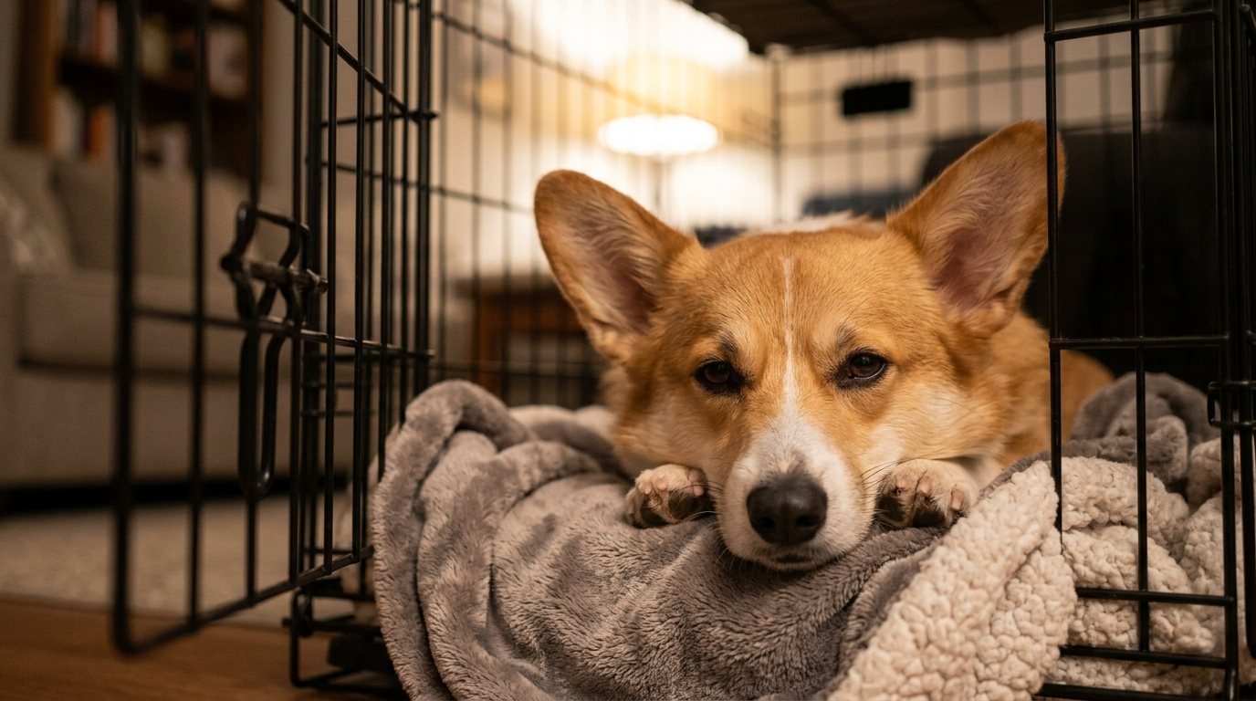 A corgi resting on a blanket inside an open wire crate in a living room