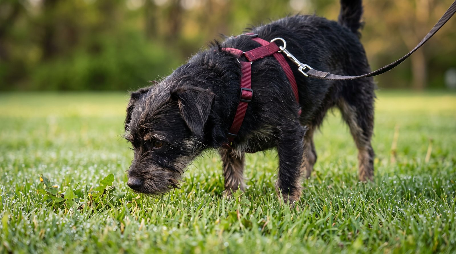 A small black terrier mix in a red harness sniffing the grass on a leash