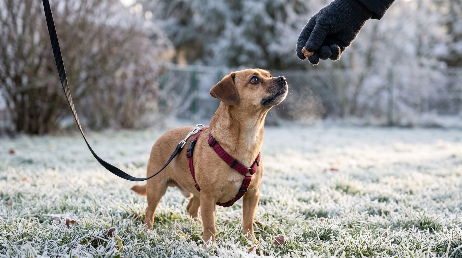 A small tan dog in a red harness on a frosty lawn looking up at a treat held in a gloved hand