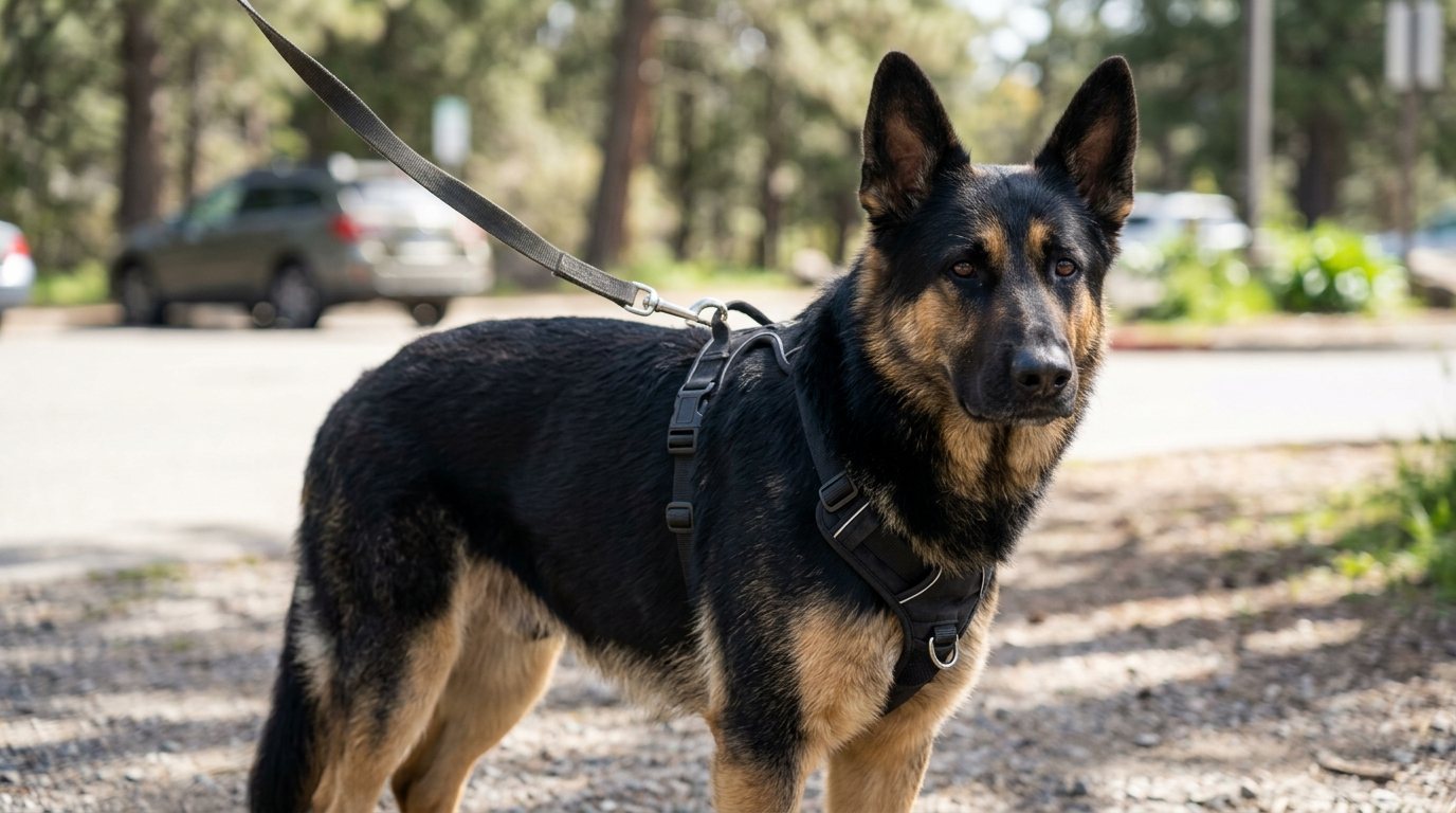 A German shepherd mix in a harness standing alert on a gravel roadside next to a parking area